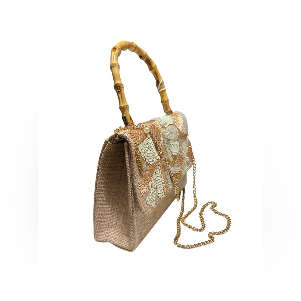 Haute Hippie Embellished Raffia Bamboo Handle Sachel Detachable Gold Chain Strap - Picture 2 of 10